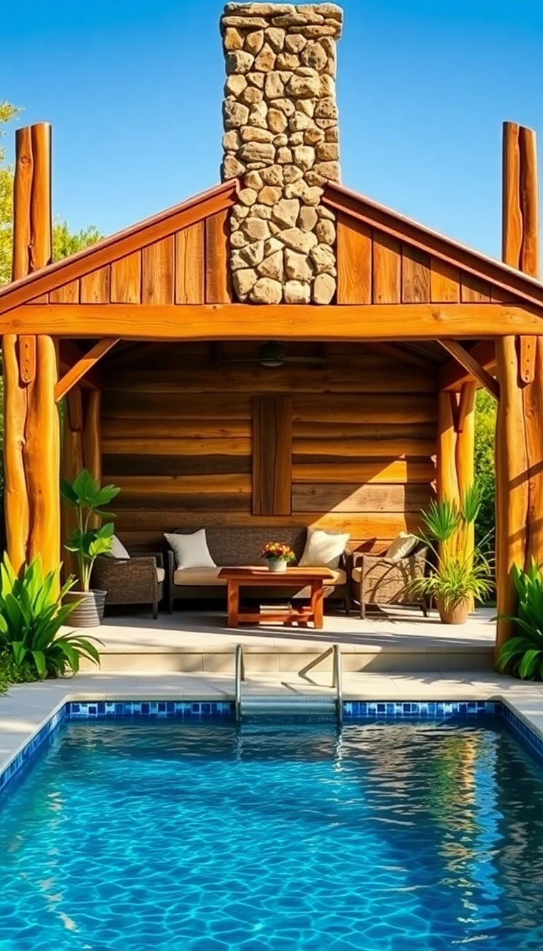 25 Beautiful Pool House Ideas to Create Your Backyard Paradise! - 2. Rustic Charm with Natural Wood